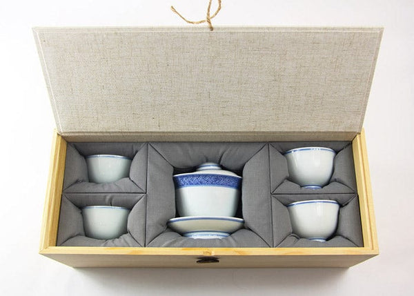 Blue and White Tea Set - Cross Hatched